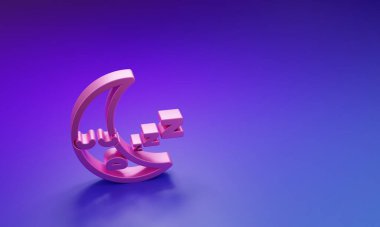 Mor-mavi arkaplanda izole edilmiş Pembe Ay simgesi. Bulutlu gece işareti. Uyku rüyalarının sembolü. Gece ya da yatak zamanı tabelası. Minimalizm kavramı. 3 Boyutlu resimleme.