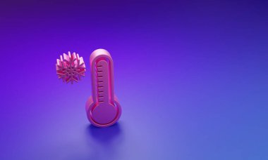Pembe Meteoroloji termometresi ısıyı ve soğuk ikonu mor-mavi arka planda izole ediyor. Termometre termometresi sıcak ya da soğuk hava gösteriyor. Minimalizm kavramı. 3 Boyutlu resimleme.