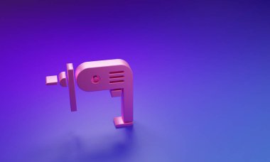 Mor-mavi arka planda izole edilmiş pembe elektrikli matkap ikonu. Tamir aleti. Minimalizm kavramı. 3 Boyutlu resimleme.