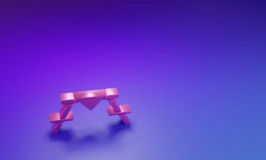 Masa simgesinin her iki tarafında da mor-mavi arkaplan izole olan pembe piknik masası. Minimalizm kavramı. 3 Boyutlu resimleme.