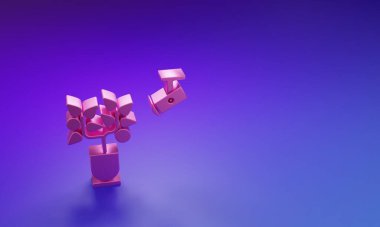 Pembe Akıllı tarım teknolojisi - Uygulama simgesindeki çiftlik otomasyon sistemi mor-mavi arka planda izole edilmiş. Minimalizm kavramı. 3 Boyutlu resimleme.