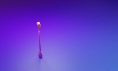 Mor-mavi arka planda izole edilmiş kulak simgesi için pembe pamuklu bez. Minimalizm kavramı. 3 Boyutlu resimleme.