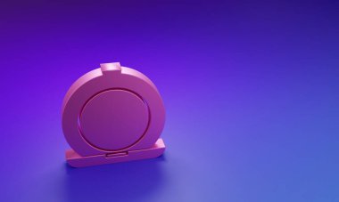 Mor-mavi arka planda izole edilmiş ayna ikonlu pembe makyaj tozu. Minimalizm kavramı. 3 Boyutlu resimleme.