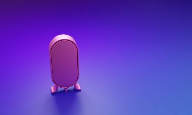 Yatak odası, mağazalar, sahne arkası ikonu için mor-mavi arka plan için büyük pembe bir ayna. Minimalizm kavramı. 3 Boyutlu resimleme.