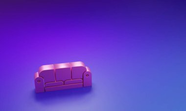 Mor-mavi arkaplanda izole edilmiş pembe kanepe simgesi. Minimalizm kavramı. 3 Boyutlu resimleme.
