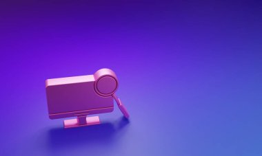 Pembe Bilgisayar, mor-mavi arkaplanda izole edilmiş teşhis simgesi. Uygulama, servis, ayar seçenekleri, bakım, onarım. Minimalizm kavramı. 3 Boyutlu resimleme.