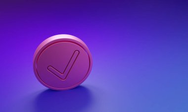 Mor-mavi arkaplanda izole edilmiş daire simgesinde pembe kontrol işareti. Seçim düğmesi işareti. İşaretleme sembolü. Minimalizm kavramı. 3 Boyutlu resimleme.