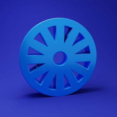 Mavi arka planda mavi ahşap tekerlek simgesi var. Minimalizm kavramı. 3 Boyutlu resimleme.