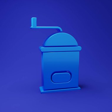 Mavi el yapımı kahve öğütücü ikonu mavi arka planda izole edilmiş. Minimalizm kavramı. 3 Boyutlu resimleme.