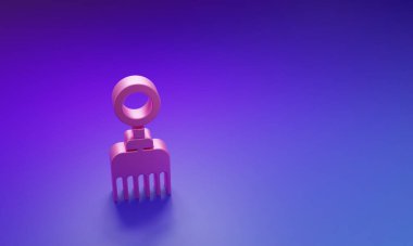 Mor-mavi arkaplandaki pembe saç fırçası simgesi. Taraklı saç işareti. Berber sembolü. Minimalizm kavramı. 3 Boyutlu resimleme.