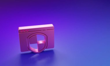 Mor-mavi arkaplanda izole edilmiş kalkan simgesi olan Pembe Tarayıcı. Güvenlik, güvenlik, koruma, gizlilik kavramı. Minimalizm kavramı. 3 Boyutlu resimleme.