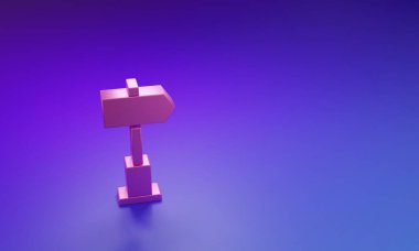 Pembe yol trafik levhası. Mor-mavi arkaplanda izole edilmiş işaret simgesi. İşaretçi sembolü. Sokak bilgi tabelası. Yön tabelası. Minimalizm kavramı. 3 Boyutlu resimleme.