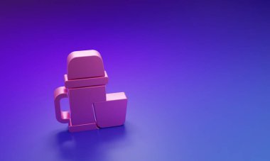 Mor-mavi arka planda izole edilmiş pembe termos kabı ve fincan ikonu. Termo matara ikonu. Kamp ve yürüyüş ekipmanları. Minimalizm kavramı. 3 Boyutlu resimleme.