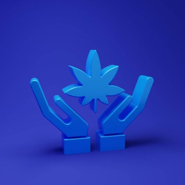 Mavi tıbbi marihuana ya da kenevir yaprağı ikonu mavi arka planda izole edilmiş. Kenevir sembolü. Minimalizm kavramı. 3 Boyutlu resimleme.