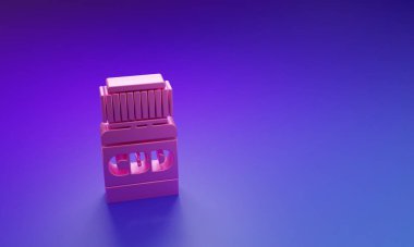 Mor-mavi arka planda izole edilmiş marihuana ya da kenevir yaprağı ikonu olan pembe tıbbi şişe. Kavanozlardaki kenevir yağı özlerini taklit et. Minimalizm kavramı. 3 Boyutlu resimleme.