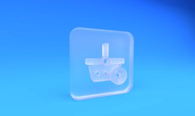 Buzlu cam alışveriş sepeti ve mavi arka planda izole edilmiş dolar sembolü. İnternetten satın alma konsepti. Teslimat servisi. Alışveriş arabası. Kare buzlu cam düğme. 3 Boyutlu resimleme.