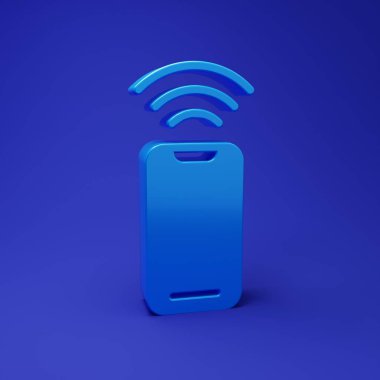 Mavi kablosuz akıllı telefon simgesi mavi arkaplanda izole edildi. Minimalizm kavramı. 3 Boyutlu resimleme.