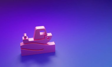 Su ikonu üzerindeki pembe balıkçı teknesi mor-mavi arka planda izole edilmiş. Minimalizm kavramı. 3 Boyutlu resimleme.