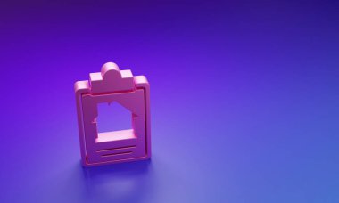 Pembe Ev kontrat ikonu mor-mavi arka planda izole edilmiş. Sözleşme oluşturma hizmeti, belge oluşumu, başvuru formu bileşimi. Minimalizm kavramı. 3 Boyutlu resimleme.