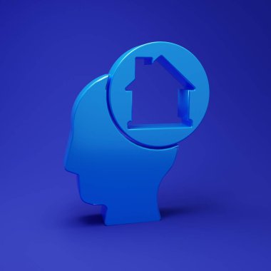 Mavi Adam mavi arka planda izole edilmiş yeni bir ev ikonu almayı hayal ediyor. Minimalizm kavramı. 3 Boyutlu resimleme.