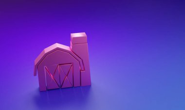 Mor-mavi arka planda izole edilmiş pembe çiftlik evi simgesi. Minimalizm kavramı. 3 Boyutlu resimleme.