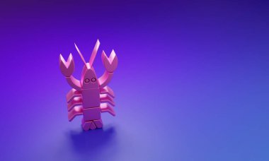 Mor-mavi arkaplanda izole edilmiş pembe ıstakoz simgesi. Minimalizm kavramı. 3 Boyutlu resimleme.