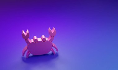 Mor-mavi arkaplanda izole edilmiş pembe yengeç simgesi. Minimalizm kavramı. 3 Boyutlu resimleme.
