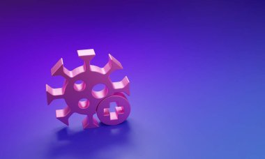 Mor-mavi arka planda izole edilmiş pembe pozitif virüs ikonu. Corona virüsü 2019-nCoV. Bakteri ve mikroplar, hücre kanseri, mikrop, mantar. Minimalizm kavramı. 3 Boyutlu resimleme.