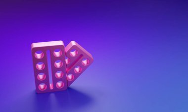 Pembe haplar mor-mavi arka planda izole edilmiş su toplayıcı ikonunda. İlaç paketi. Tablet, vitamin, antibiyotik, aspirin. Minimalizm kavramı. 3 Boyutlu resimleme.