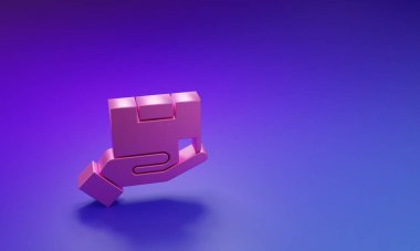 Pembe Teslimat sigorta ikonu mor-mavi arka planda izole edilmiş. Kalkanın ötesinde sigorta kutuları var. Minimalizm kavramı. 3 Boyutlu resimleme.