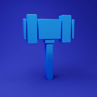 Mavi Yargıç Tokmak simgesi mavi arka planda izole edildi. Gavel cezaların, faturaların, mahkemenin, adaletin hükmünü verecek. Açık arttırma çekici. Minimalizm kavramı. 3 Boyutlu resimleme.