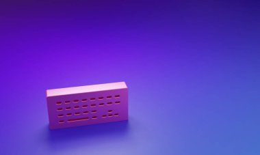 Mor-mavi arkaplanda izole edilmiş pembe bilgisayar klavyesi simgesi. Bilgisayar bileşeni işareti. Minimalizm kavramı. 3 Boyutlu resimleme.