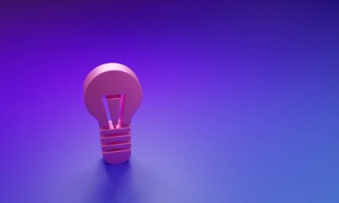 Mor-mavi arka planda izole edilmiş fikir ikonu kavramına sahip pembe ışık ampulü. Enerji ve fikir sembolü. İlham konsepti. Minimalizm kavramı. 3 Boyutlu resimleme.