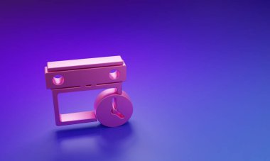Pembe takvim ve saat simgesi mor-mavi arkaplanda izole edildi. Program, randevu, organizatör, zaman çizelgesi, zaman yönetimi. Minimalizm kavramı. 3 Boyutlu resimleme.