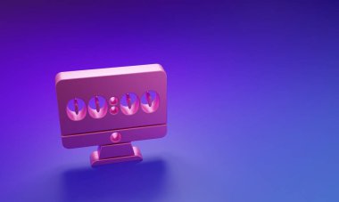 Mor-mavi arkaplanda izole edilmiş bilgisayar ekranı simgesi üzerindeki pembe saat. Program kavramları. Minimalizm kavramı. 3 Boyutlu resimleme.