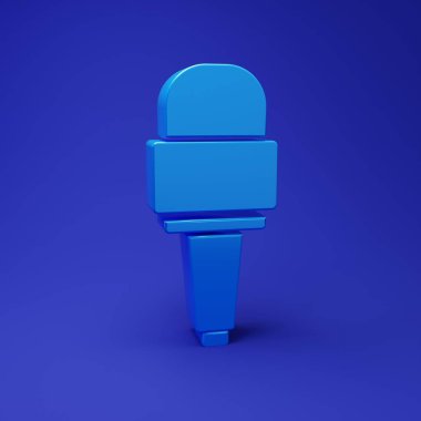 Mavi Mikrofon simgesi mavi arkaplanda izole edildi. Radyodaki mikrofondan. Sözcü işareti. Minimalizm kavramı. 3 Boyutlu resimleme.