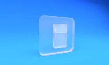 Buzlu cam buzdolabı ikonu mavi arka planda izole edilmiş. Buzdolabı buzdolabı. Ev aletleri ve aletler. Kare buzlu cam düğme. 3 Boyutlu resimleme.