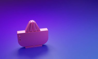 Mor-mavi arka planda izole edilmiş Pembe Citrus meyve sıkacağı ikonu. Minimalizm kavramı. 3 Boyutlu resimleme.