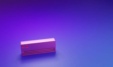 Mor-mavi arka planda izole edilmiş pembe klima simgesi. Sistemin havalandırmasını böl. Soğuk ve soğuk iklim kontrol sistemi. Minimalizm kavramı. 3 Boyutlu resimleme.