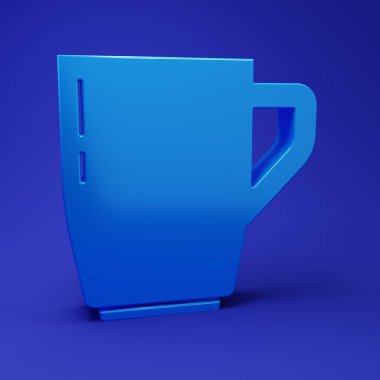 Mavi kahve fincanı ikonu mavi arkaplanda izole edilmiş. Çay fincanı. Sıcak içecek kahvesi. Minimalizm kavramı. 3 Boyutlu resimleme.