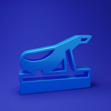 Mavi arka planda, ahşap jamonera ikonunda mavi İspanyol jamonu var. Minimalizm kavramı. 3 Boyutlu resimleme.