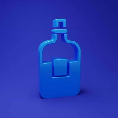 Mavi arka planda izole edilmiş mavi cam şişe votka ikonu. Minimalizm kavramı. 3 Boyutlu resimleme.