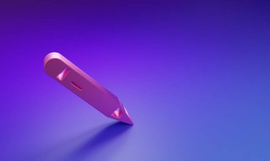 Mor-mavi arkaplanda izole edilmiş silgi simgesine sahip pembe kalem. Çizim ve eğitim araçları. Okul sembolü. Minimalizm kavramı. 3 Boyutlu resimleme.
