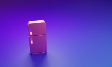 Mor-mavi arka planda izole edilmiş pembe buzdolabı simgesi. Buzdolabı buzdolabı. Ev aletleri ve aletler. Minimalizm kavramı. 3 Boyutlu resimleme.
