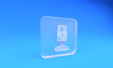 Buzlu cam Stereo hoparlörü ikonu mavi arkaplanda izole edildi. Ses sistemi hoparlörleri. Müzik ikonu. Müzikal sütun hoparlörü. Kare buzlu cam düğme. 3 Boyutlu resimleme.