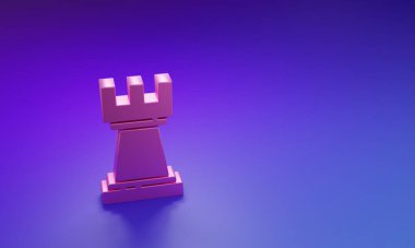 Mor-mavi arkaplanda izole edilmiş pembe satranç simgesi. İş stratejisi. Oyun, yönetim, finans. Minimalizm kavramı. 3 Boyutlu resimleme.