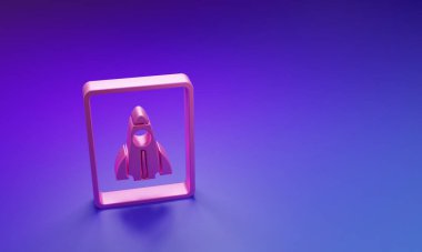 Pembe İş Başlangıcı proje konsepti simgesi mor-mavi arkaplanda izole edildi. Yeni iş, girişimcilik, yenilik ve teknolojinin sembolü. Minimalizm kavramı. 3 Boyutlu resimleme.