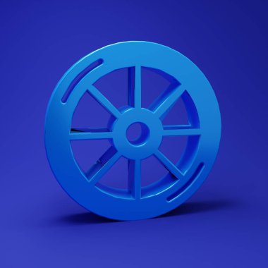 Mavi bisiklet tekeri ikonu mavi arka planda izole edildi. Bisiklet yarışı. Olağanüstü bir spor. Spor malzemeleri. Minimalizm kavramı. 3 Boyutlu resimleme.