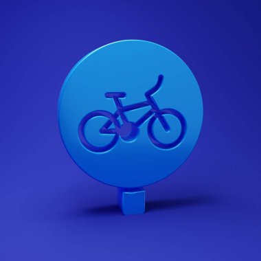 Mavi arka planda mavi bisiklet simgesi izole edildi. Bisiklet yarışı. Olağanüstü bir spor. Spor malzemeleri. Minimalizm kavramı. 3 Boyutlu resimleme.