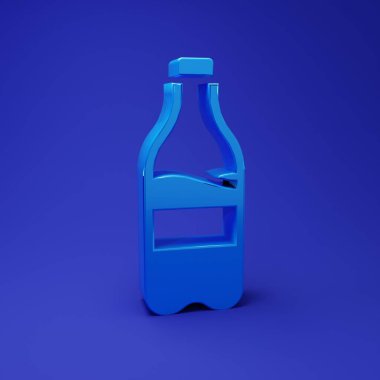 Mavi arka planda su ikonu olan mavi spor şişesi. Minimalizm kavramı. 3 Boyutlu resimleme.